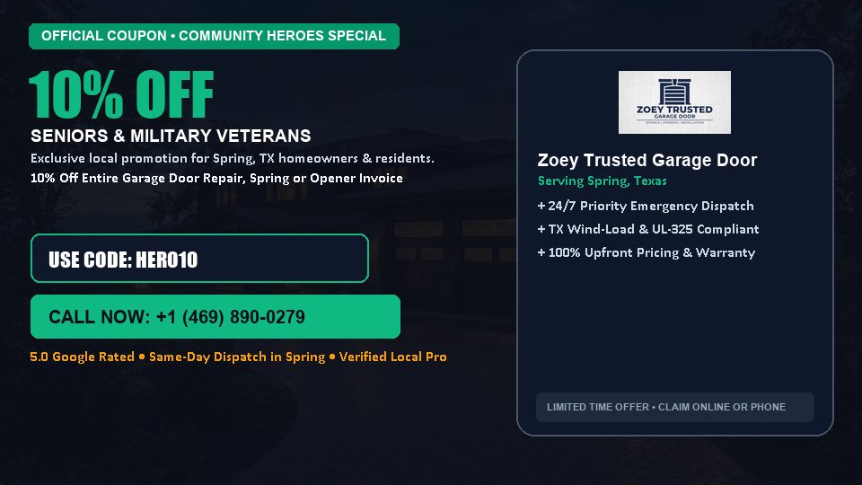Zoey Trusted Garage Door 10% OFF Seniors & Military Veterans
